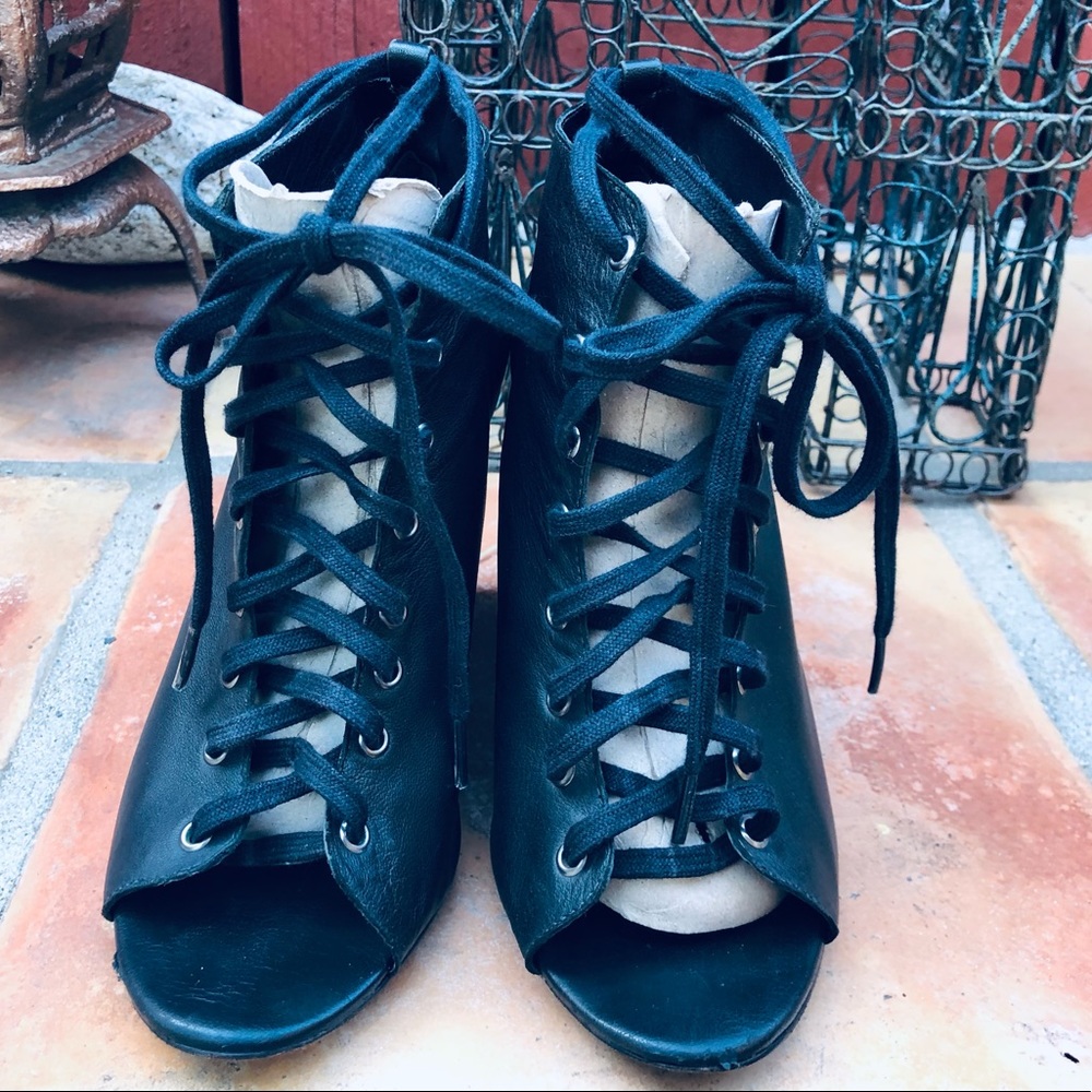 Joie Lace Up Open Toe Wedge Ankle Leather Booties Size 7 Black Heel 4”